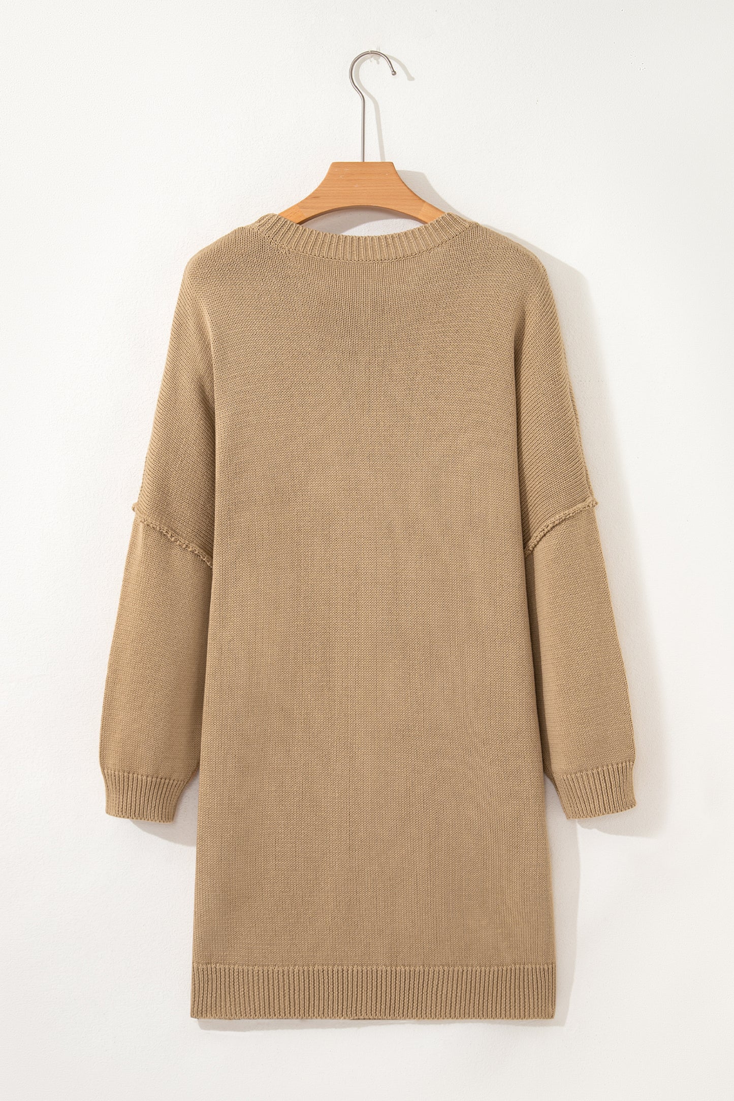 Pale Khaki Exposed Seam Drop Shoulder Oversize Sweater Mini Dress - Kustom Kreations Goods