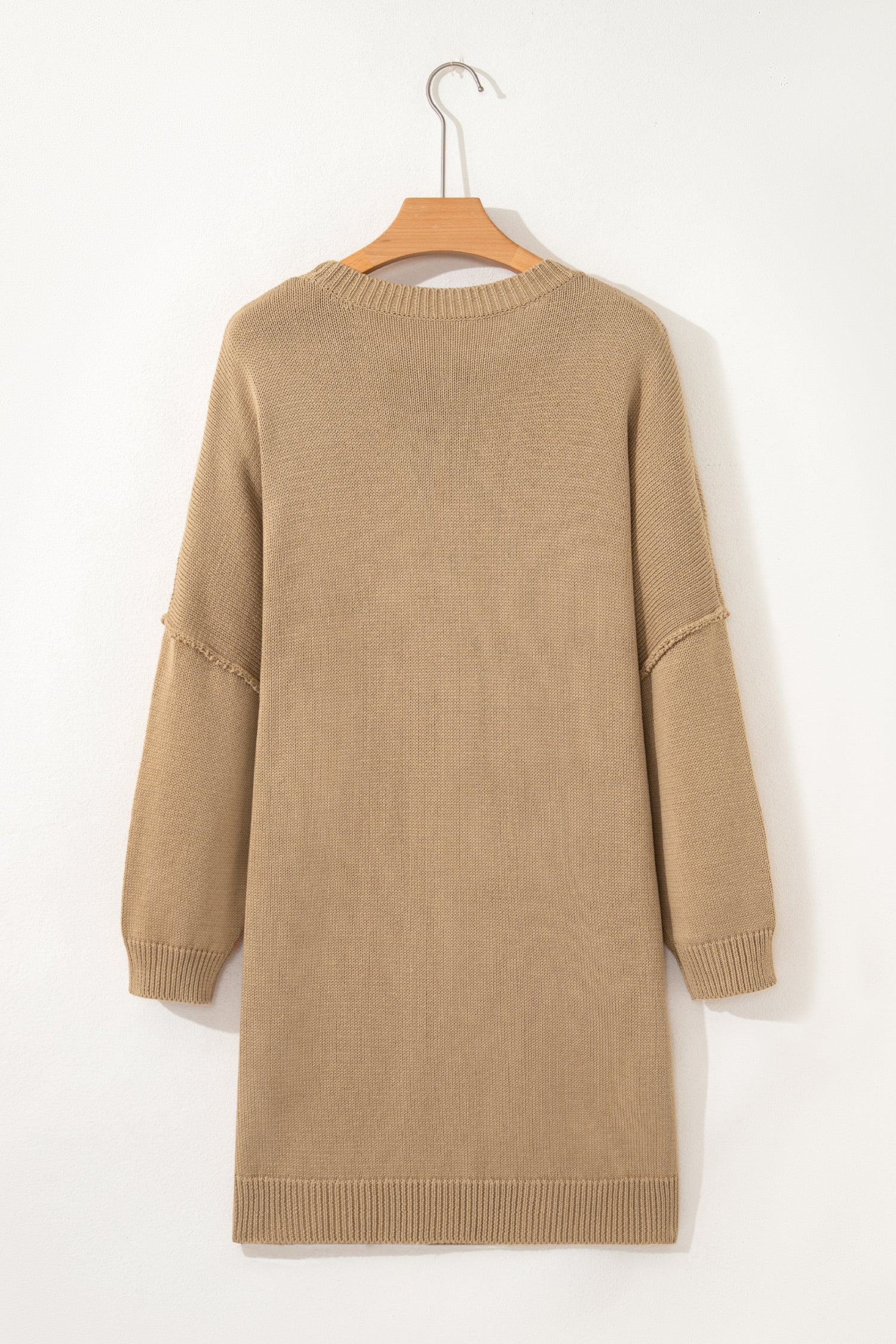 Pale Khaki Exposed Seam Drop Shoulder Oversize Sweater Mini Dress - Kustom Kreations Goods