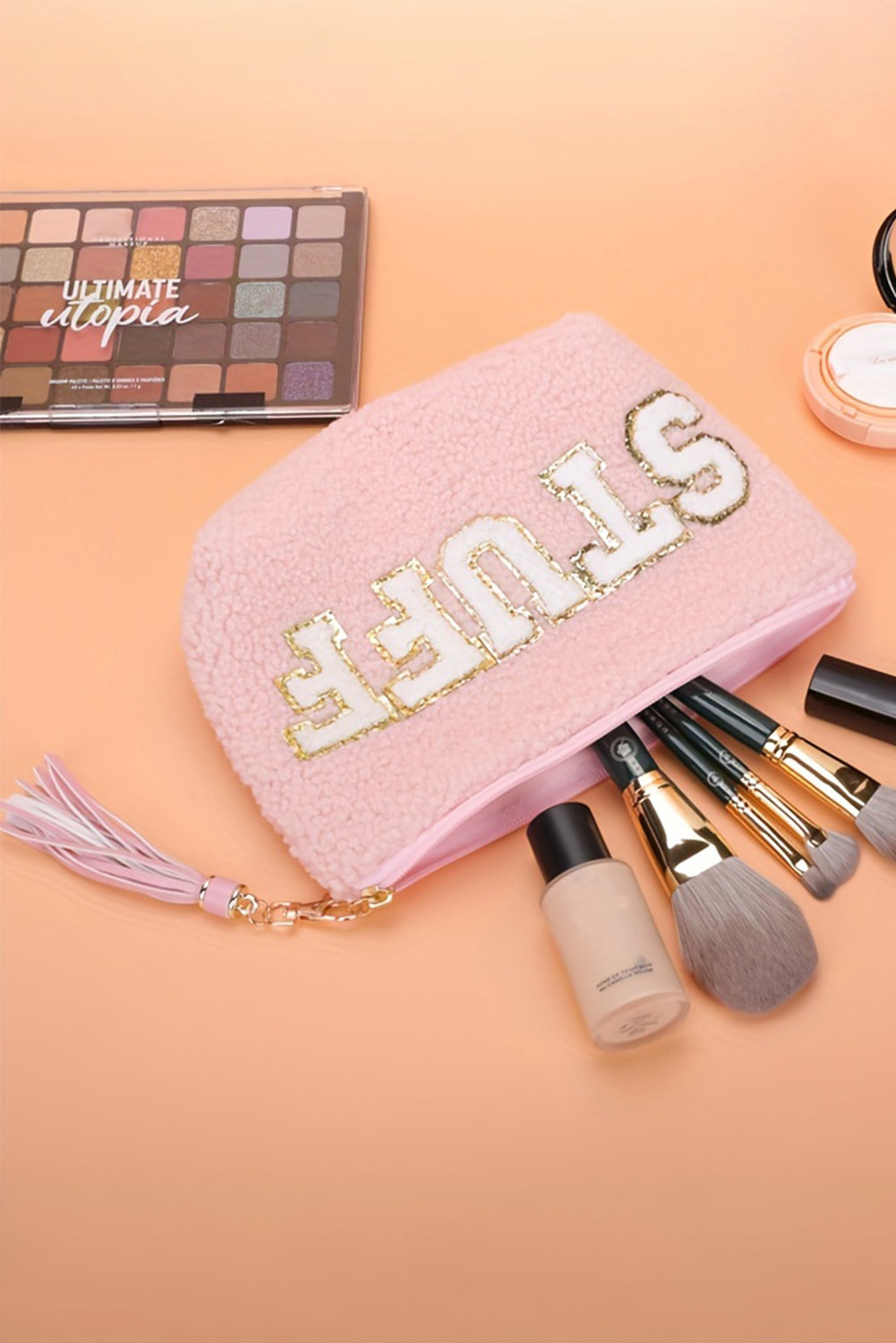 Phalaenopsis STUFF Letter Pattern Tassel Zipper Makeup Bag