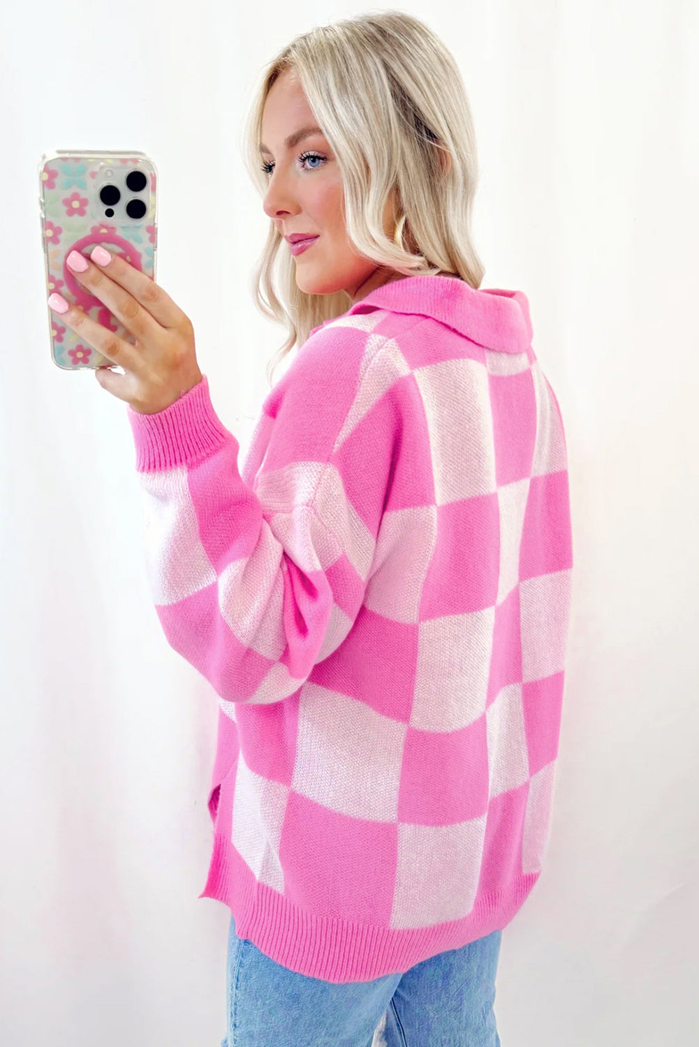 Pink Checkered Button Collared Sweater