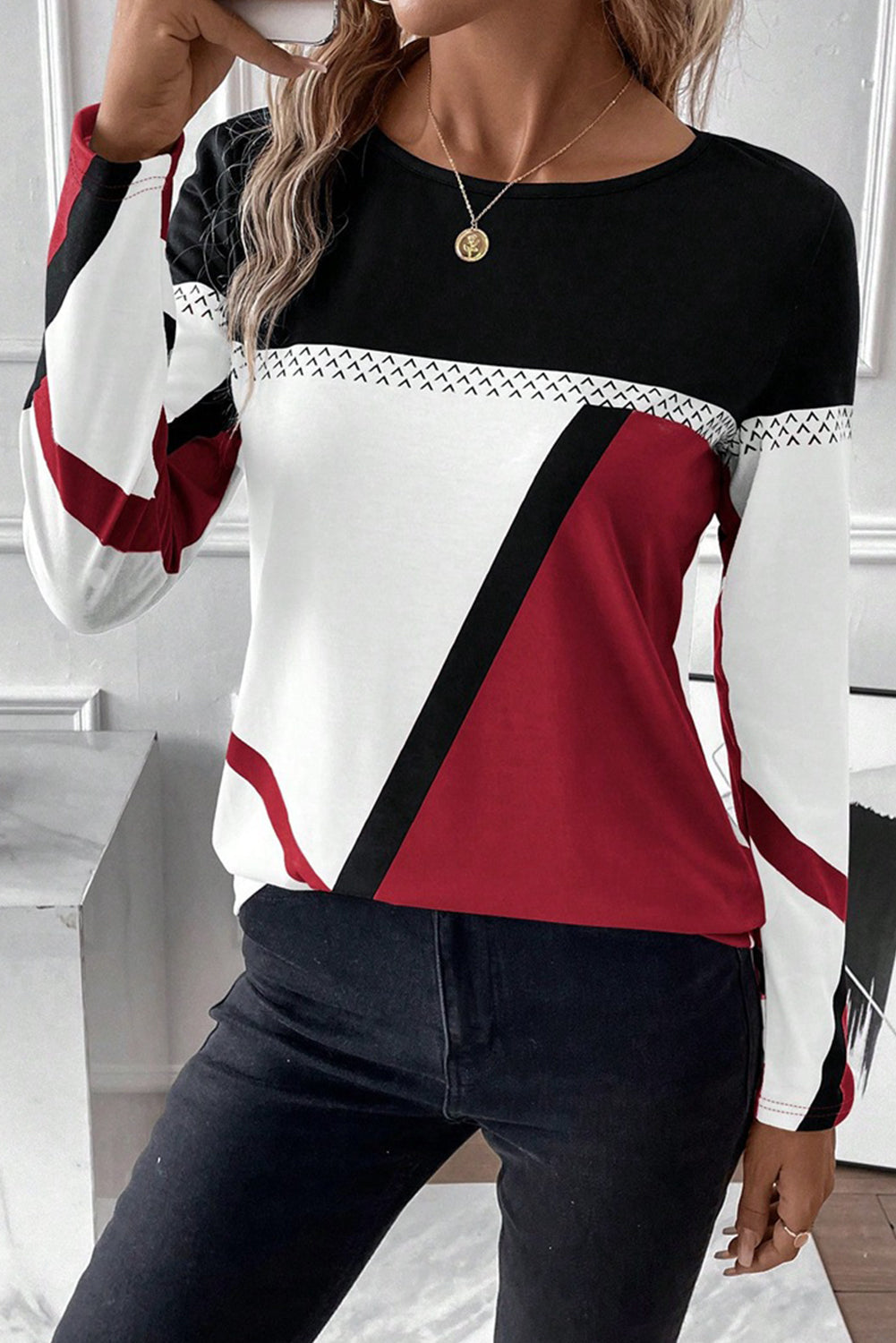 Medium Grey Geometric Print Color Block Crew Neck Top