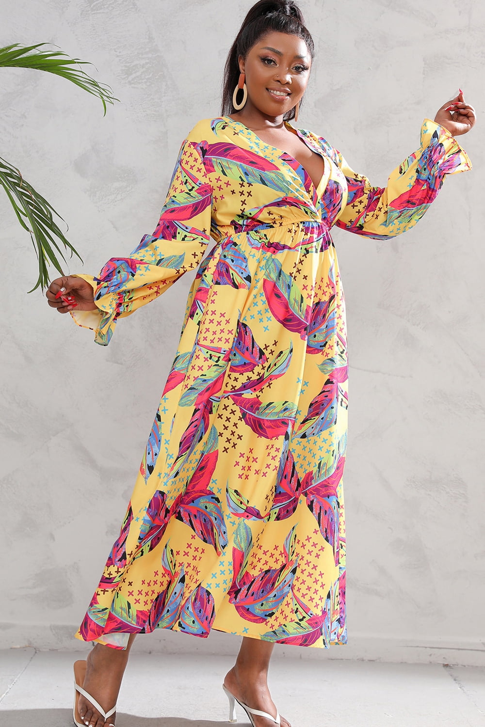 Plus Size Printed Flounce Sleeve Maxi Dress