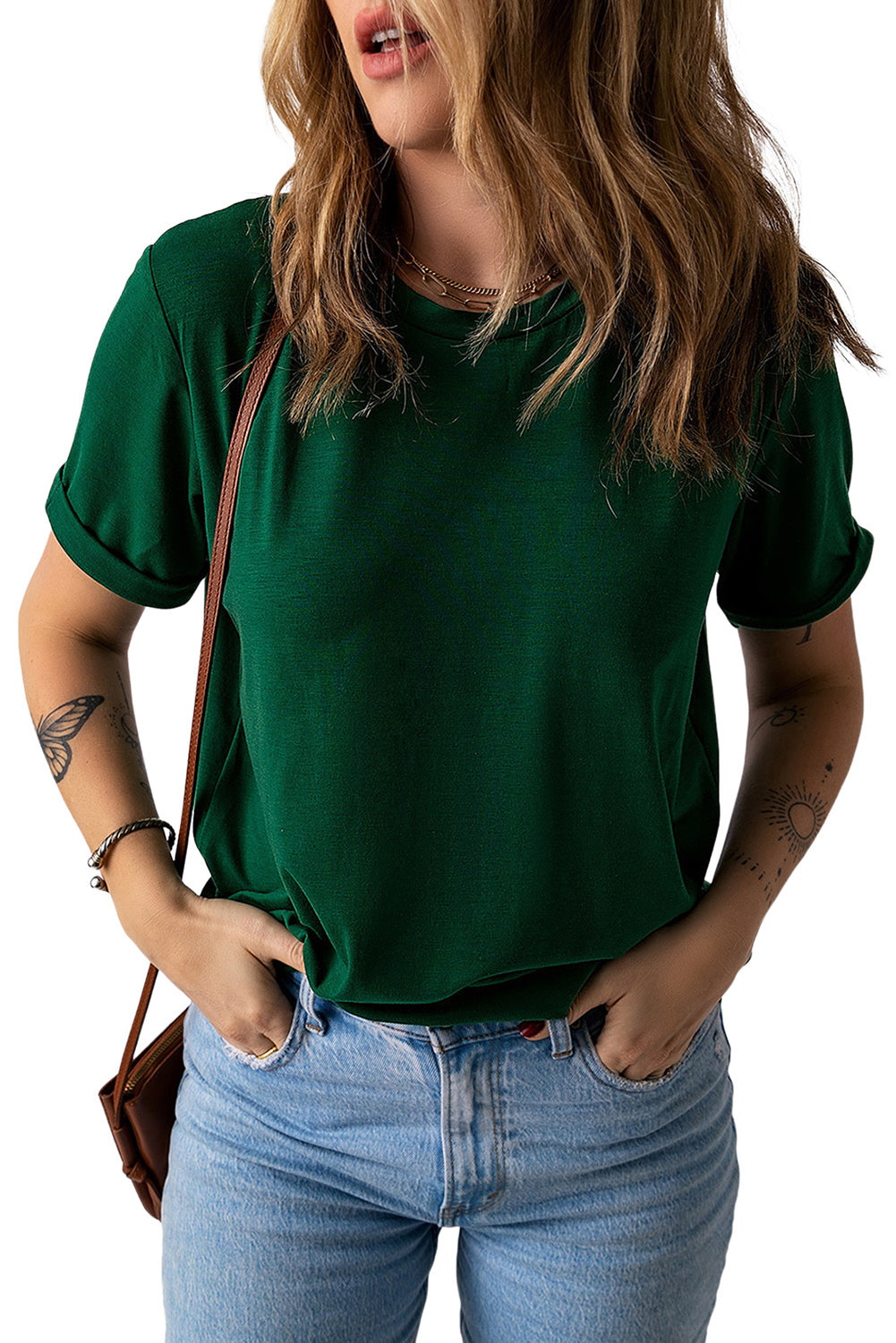 Green Plain Solid Color Crew Neck Tee