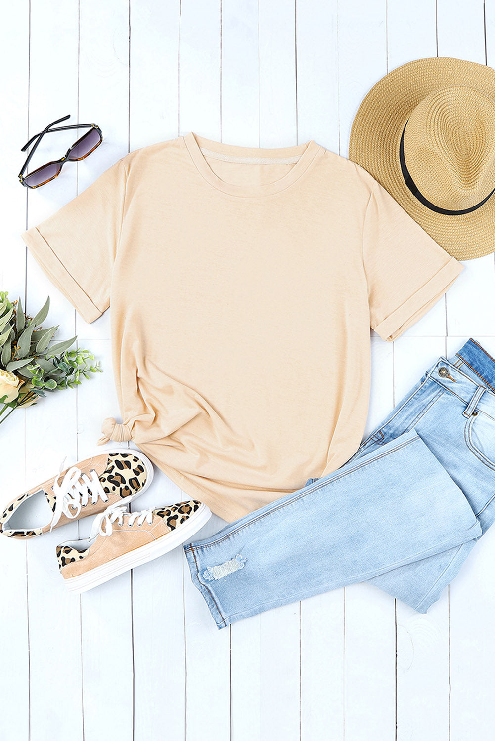 Green Plain Solid Color Crew Neck Tee