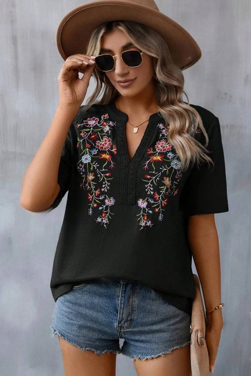 Black Embroidered Floral Boho V Neck Blouse