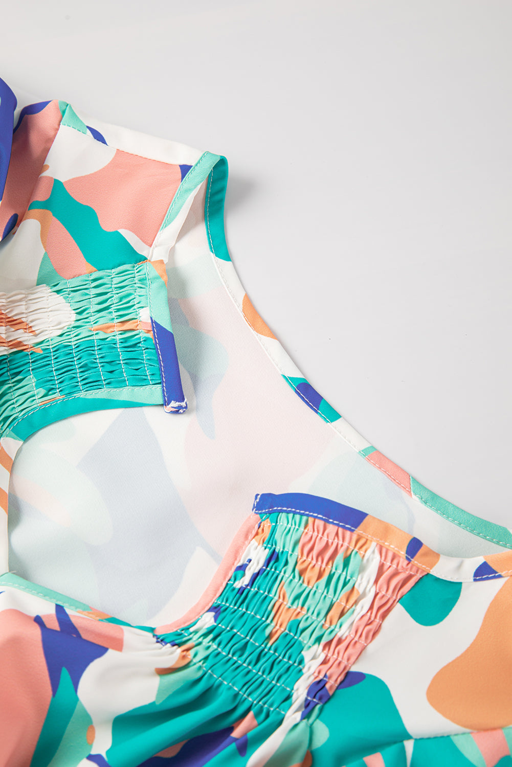 Green Abstract Print Smocked Notched Neck Ruffle Sleeve Blouse