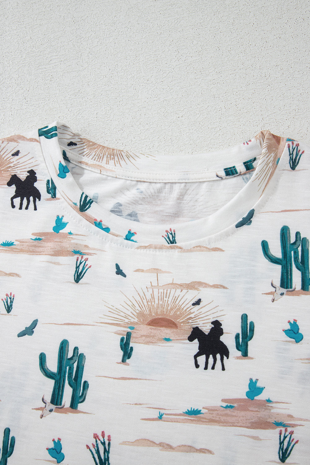 Beige Cactus Print Crew Neck Short Sleeve Top - Kustom Kreations Goods