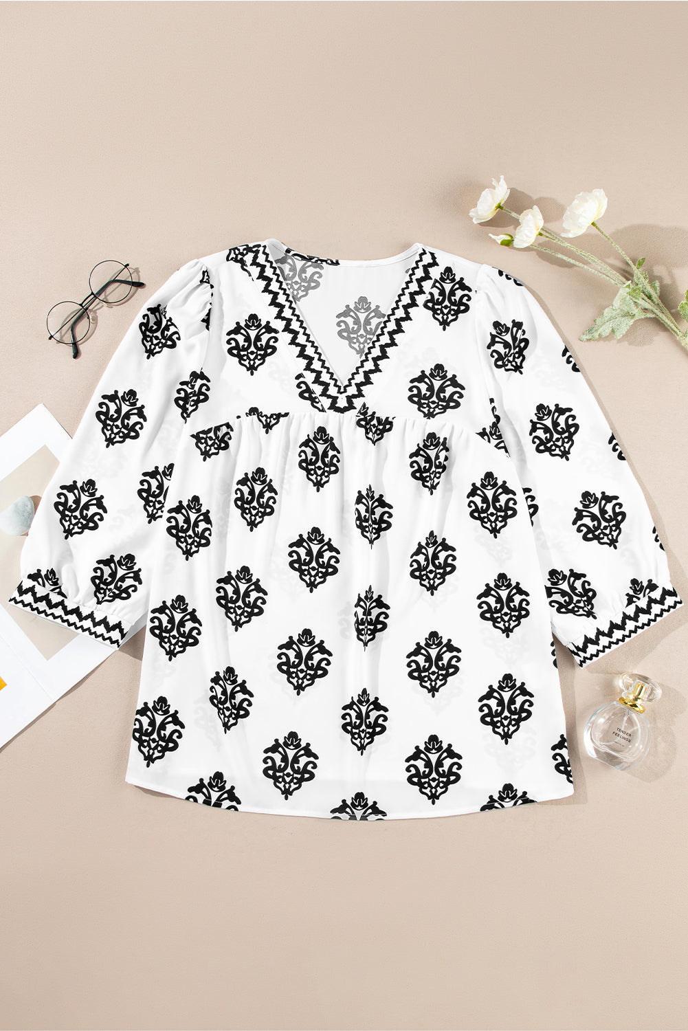 Green Damask Floral Print Contrast V Neck 3/4 Sleeve Blouse - Kustom Kreations Goods