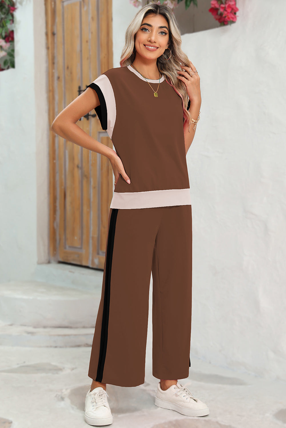 Chestnut Colorblock Cap Sleeve Tee and Wide Leg Pants Set