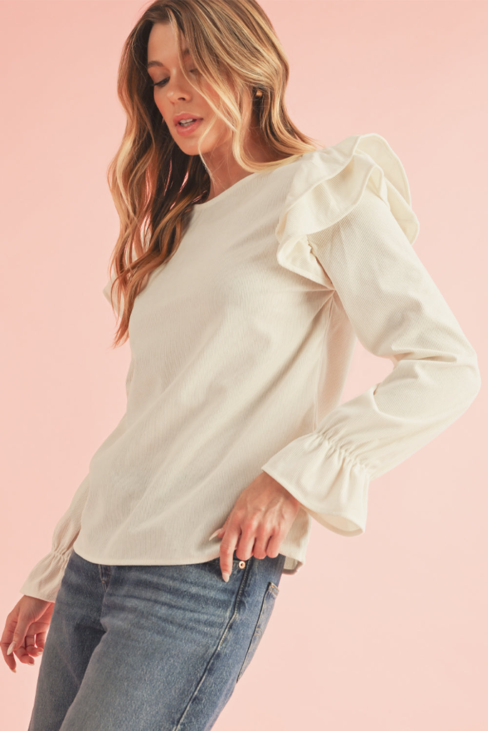 Beige Corduroy Round Neck Ruffled Flounce Sleeve Blouse - Kustom Kreations Goods