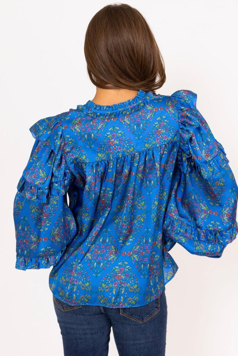 Blue Frill V Neck Ditsy Floral Print Pleated Blouse