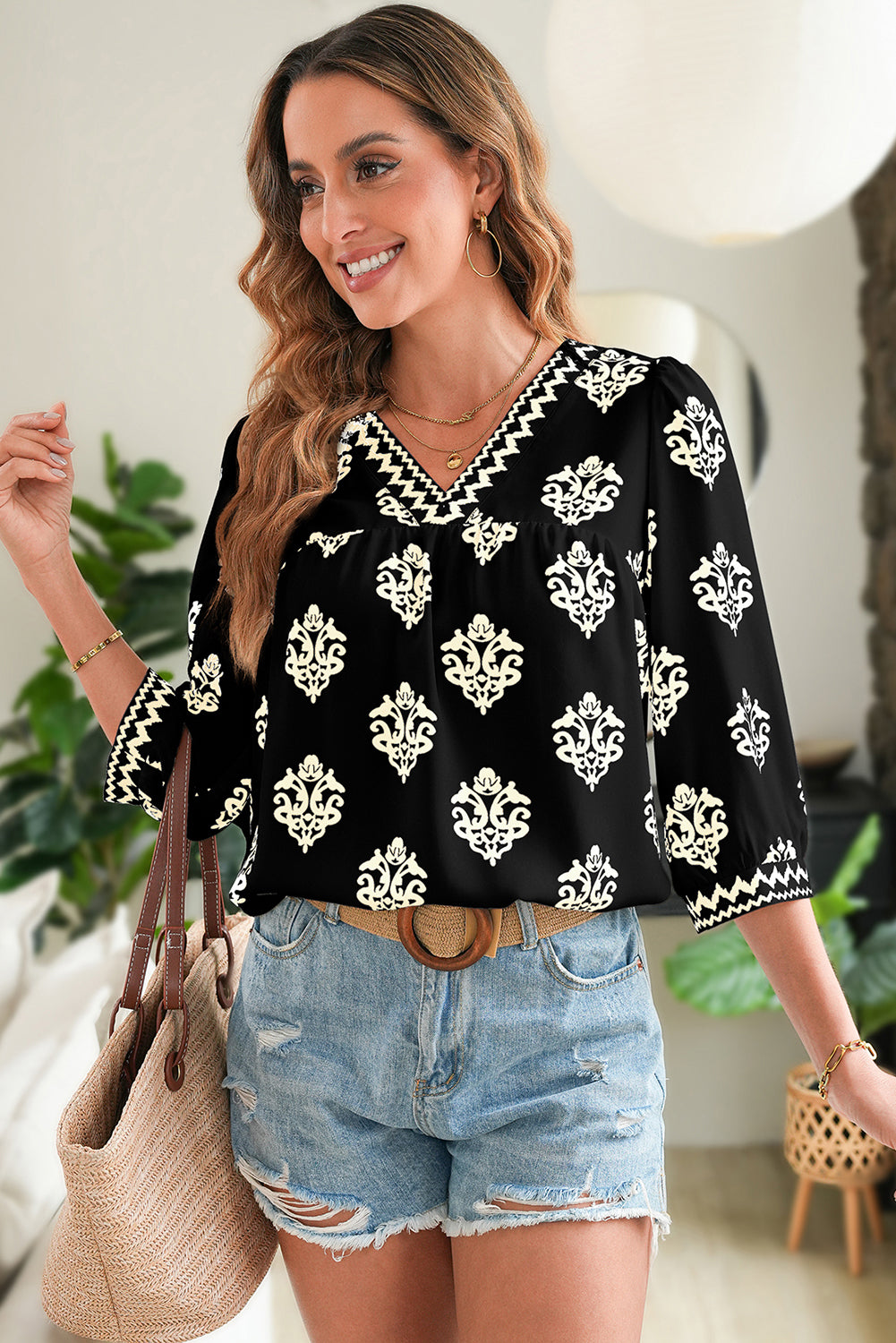 Green Damask Floral Print Contrast V Neck 3/4 Sleeve Blouse - Kustom Kreations Goods