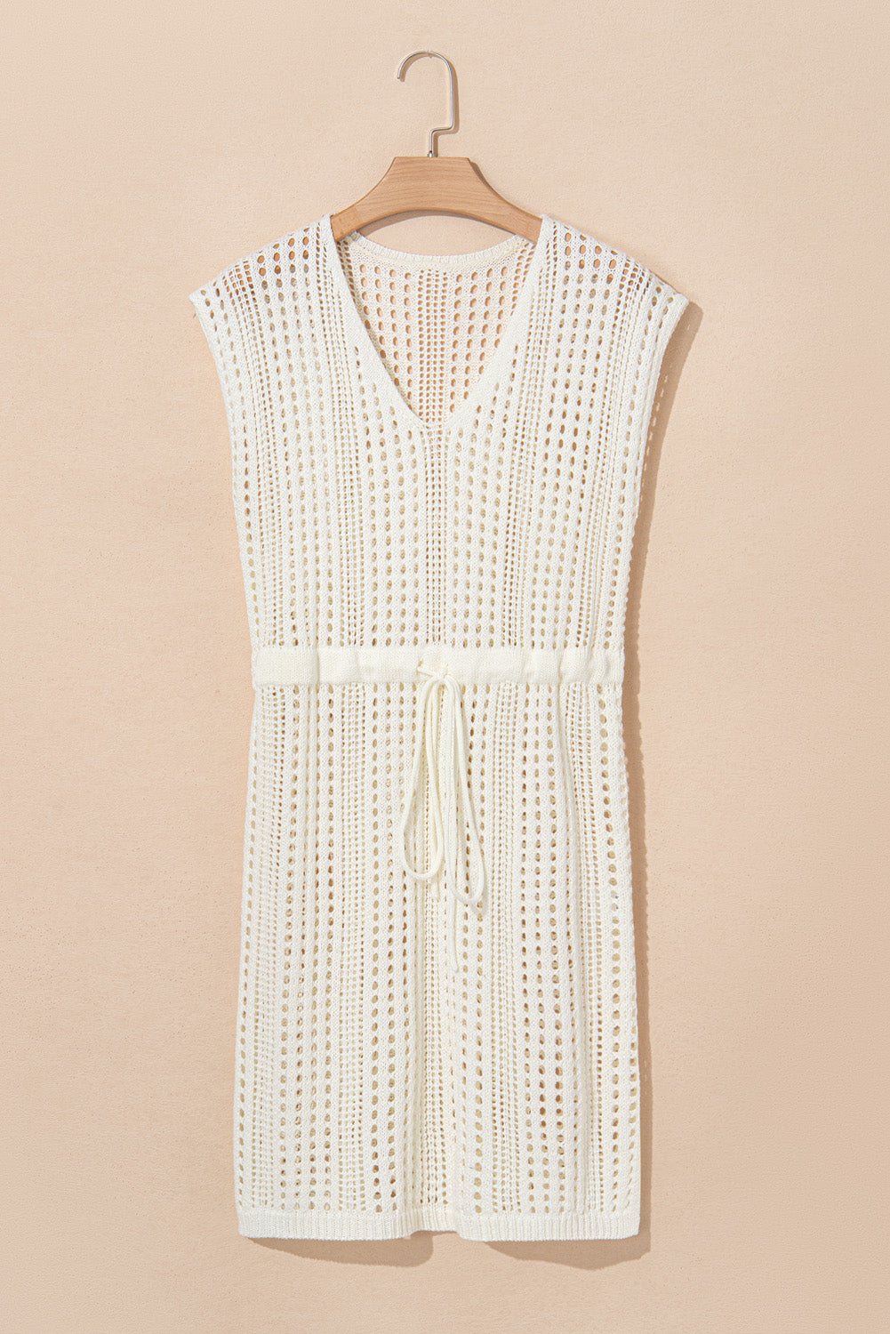 Beige Open Knit Drawstring Waist Beach Dress - Kustom Kreations Goods