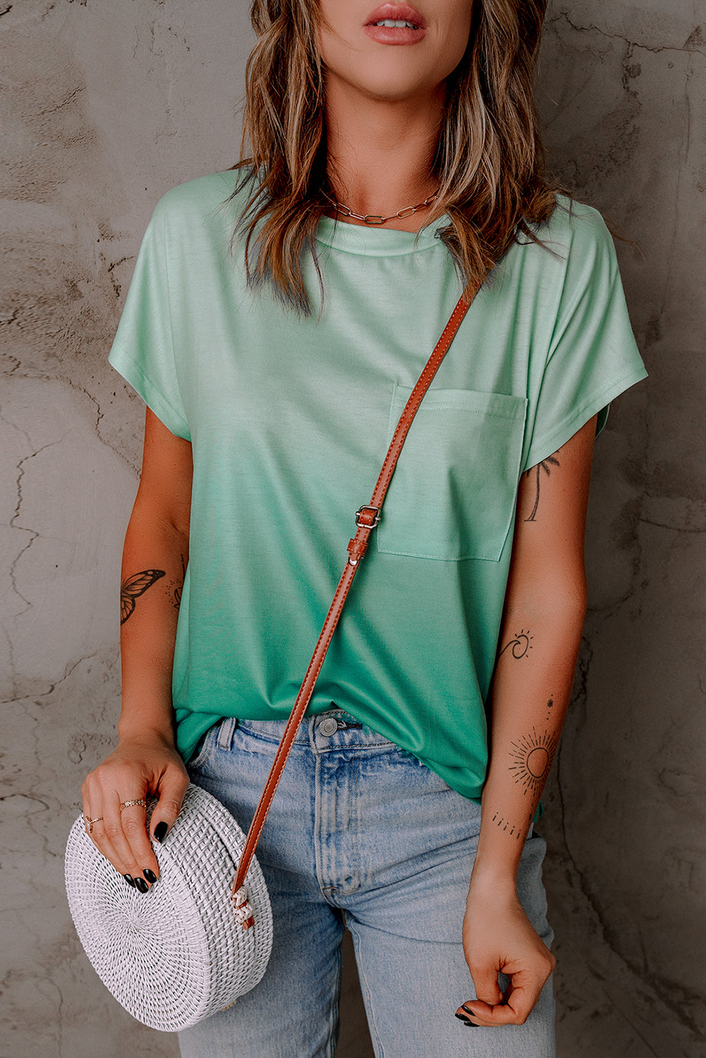 Ombre Green Short Sleeve Crew Neck T Shirt with Pocket