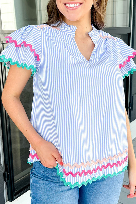 Sky Blue Striped Ricrac Splicing Frill V-Neck Blouse