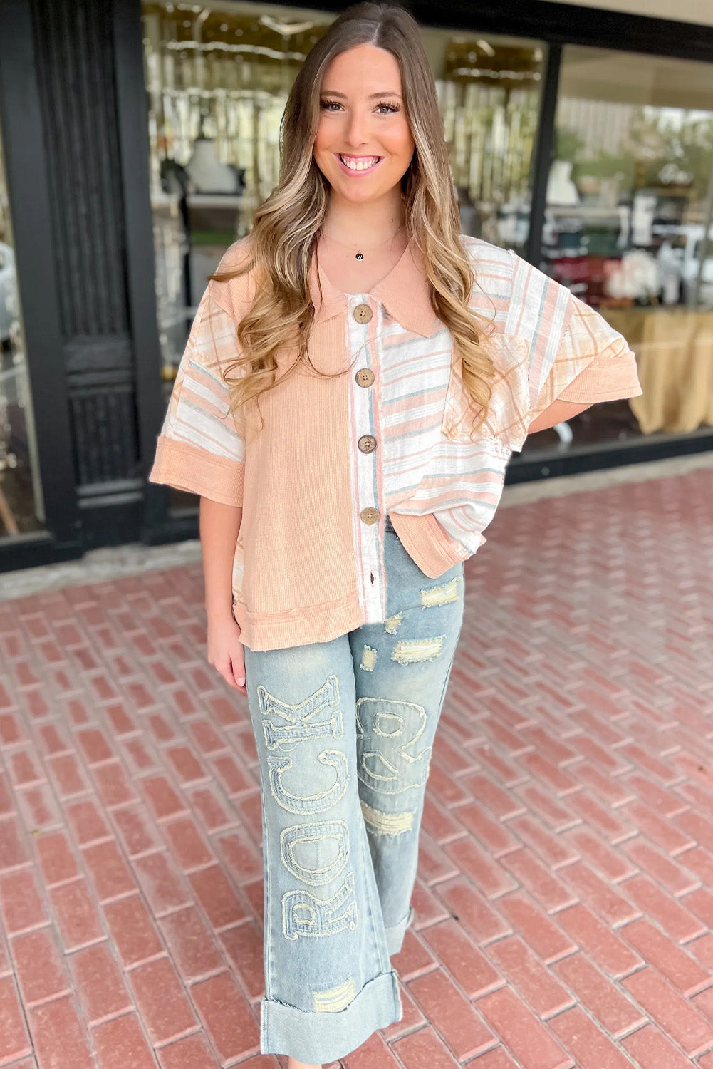 Orange Casual Stripe Half Sleeve Button Shirtcolla Blouse