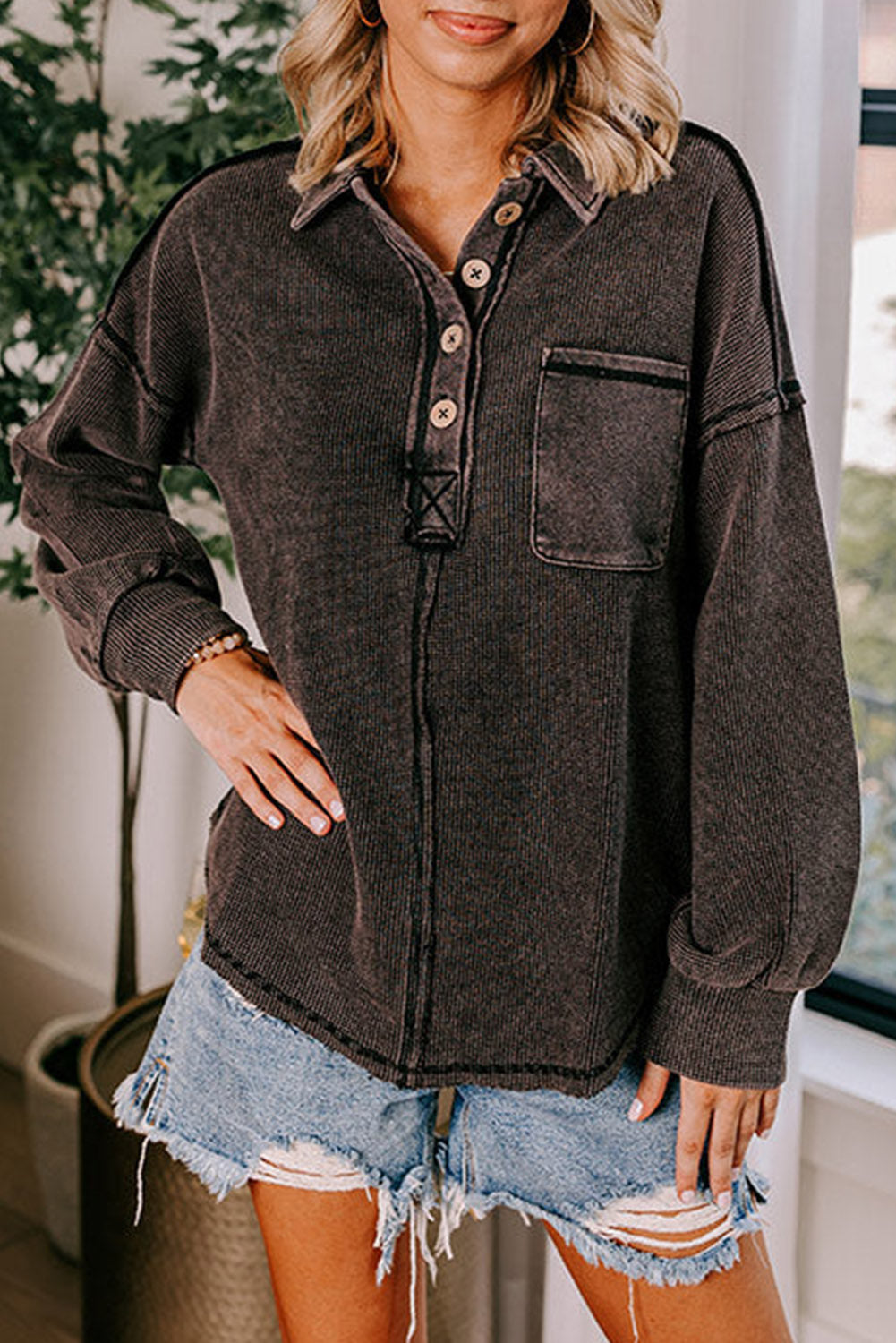 Laurel Green Waffle Exposed Seam Washed Henley Sweatshirt