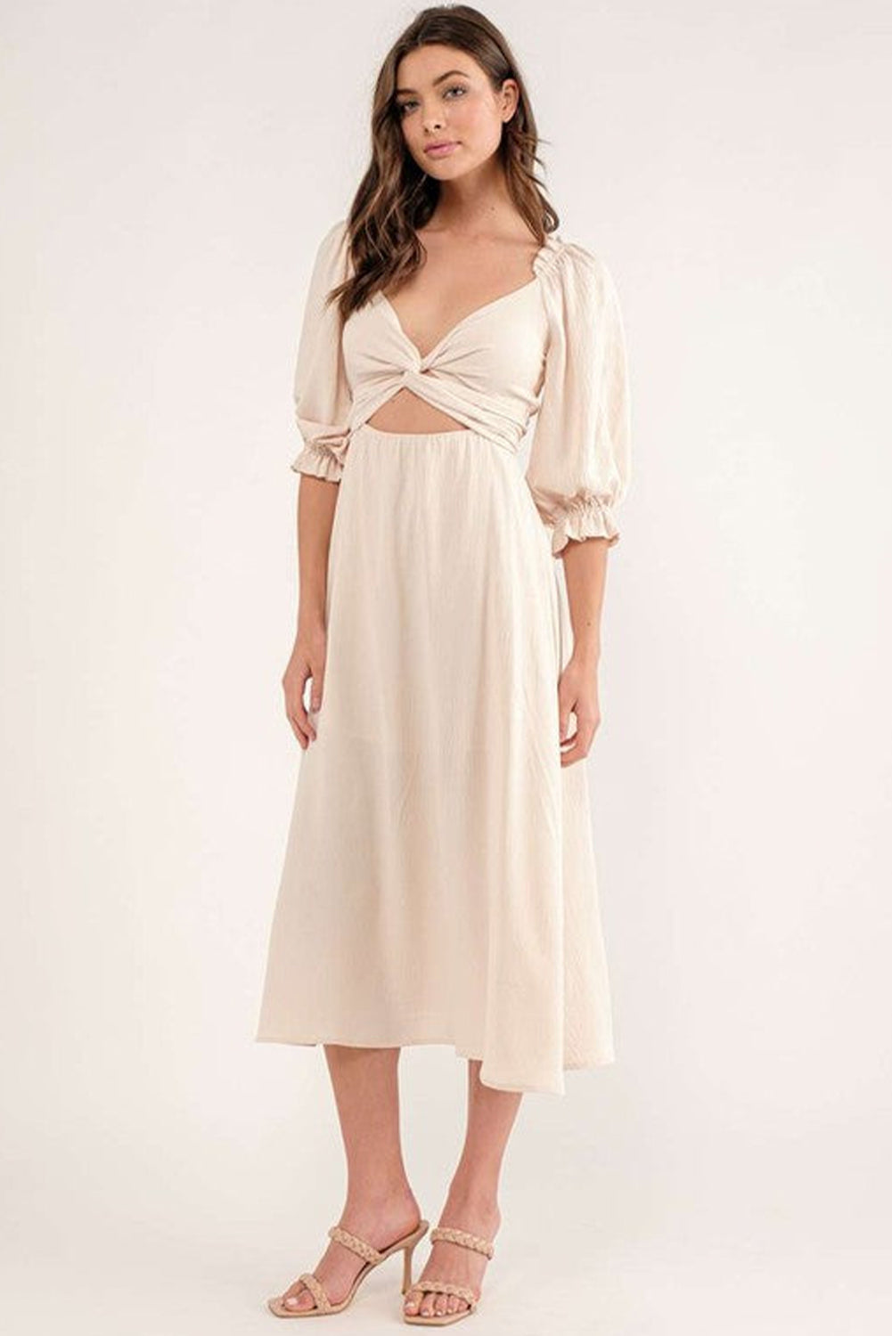 Beige Plain Puff Sleeve Cross Tie Cut Out Maxi Dress