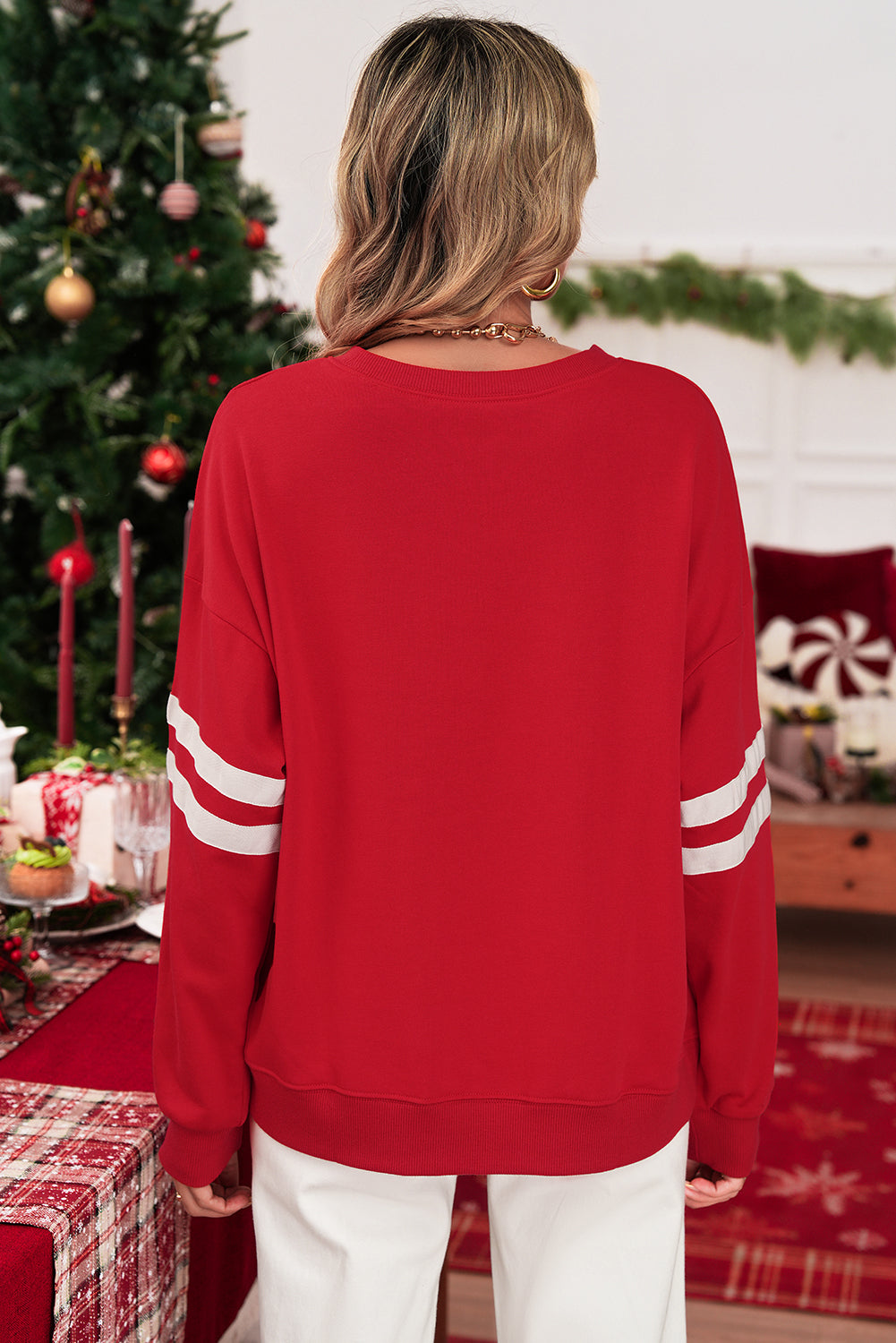 Fiery Red Preppy Striped Sleeve Loose Sweatshirt