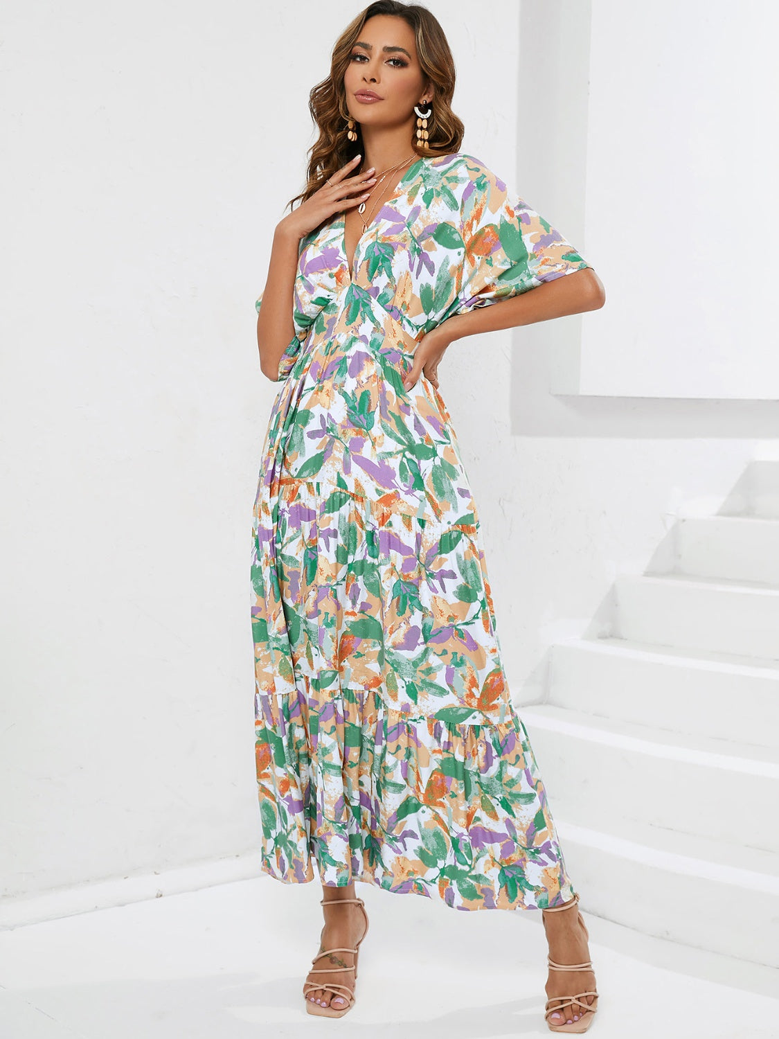 Printed Plunge Half Sleeve Midi Dress