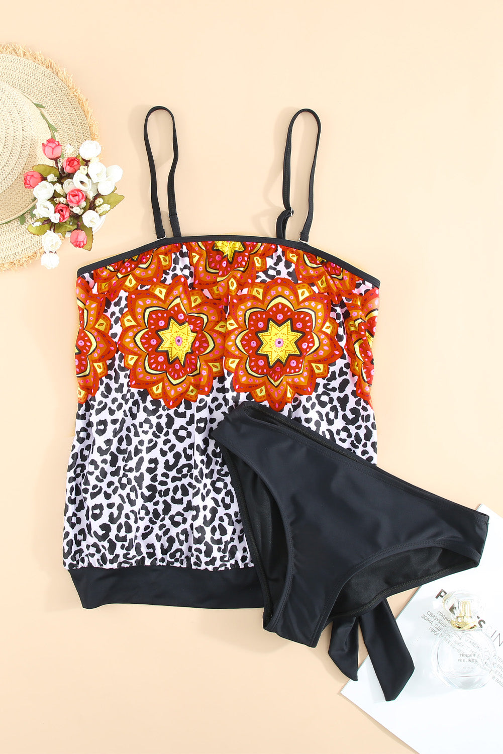 Red Retro Floral Leopard Pattern Tankini Swimsuit