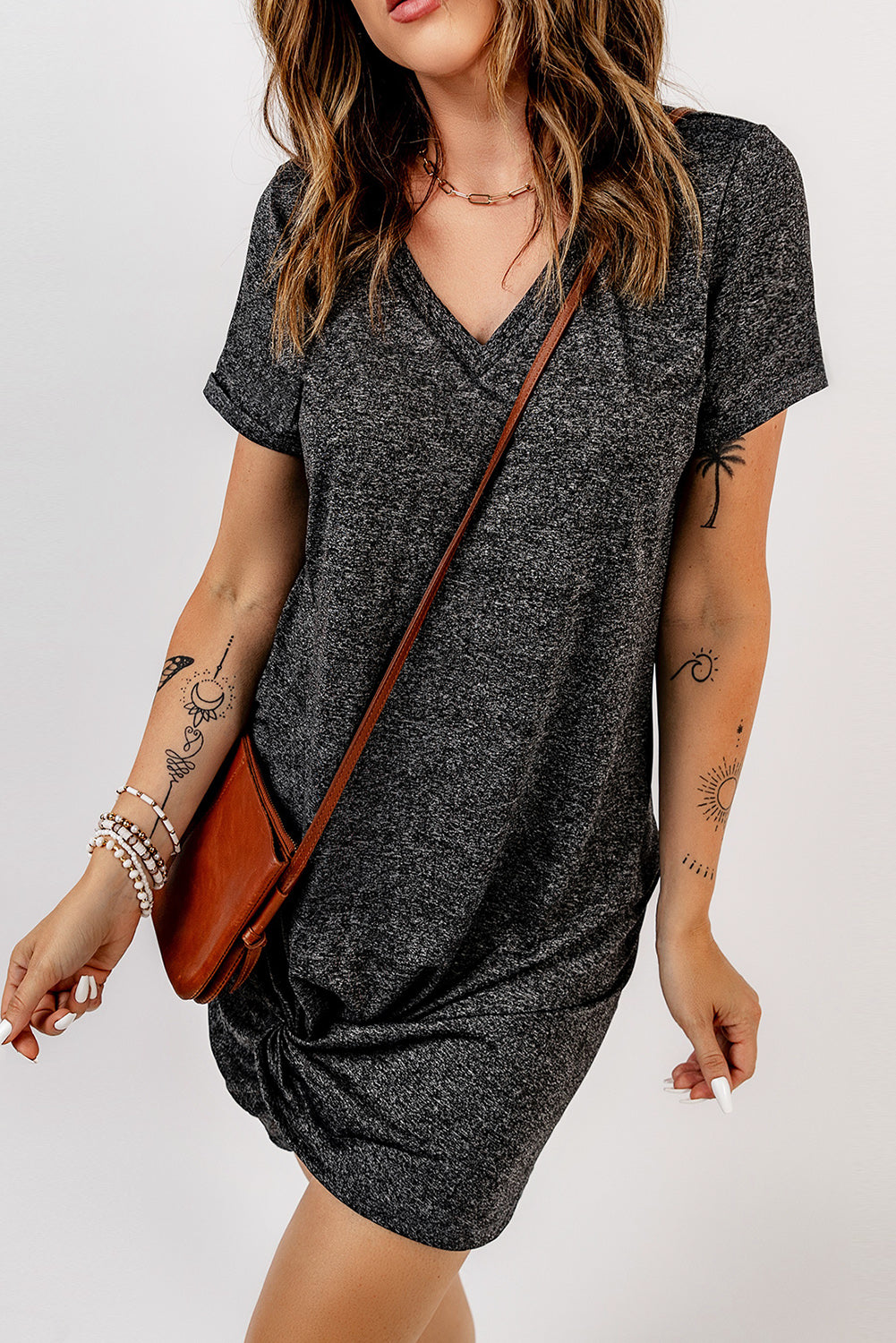 Asymmetrical Twist Hem V Neck Blue Casual T Shirt Summer Dress