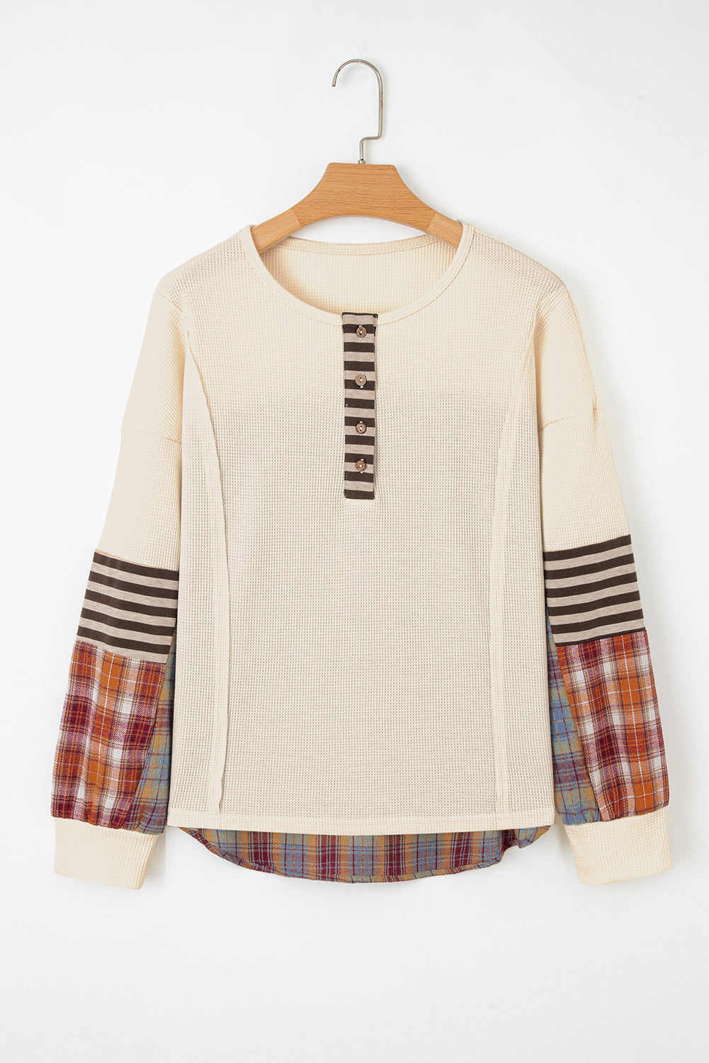 Straw Yellow Waffle Stripe Plaid Patchwork Henley Top