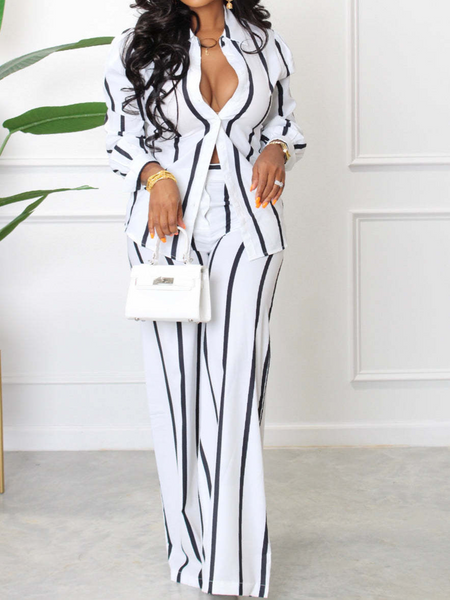 Striped Printed Long-Sleeved Shirt And Trousers Two-Piece Set HKK75FLZHN