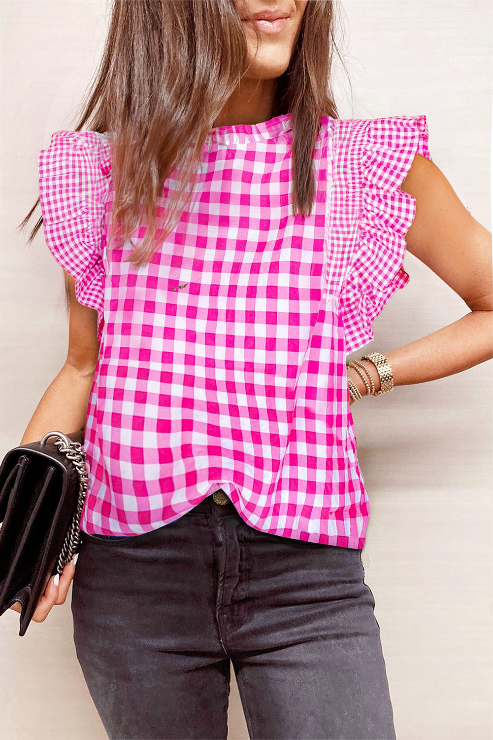 Rose Red Checkered Ruffled Trim Frilled Neck Blouse