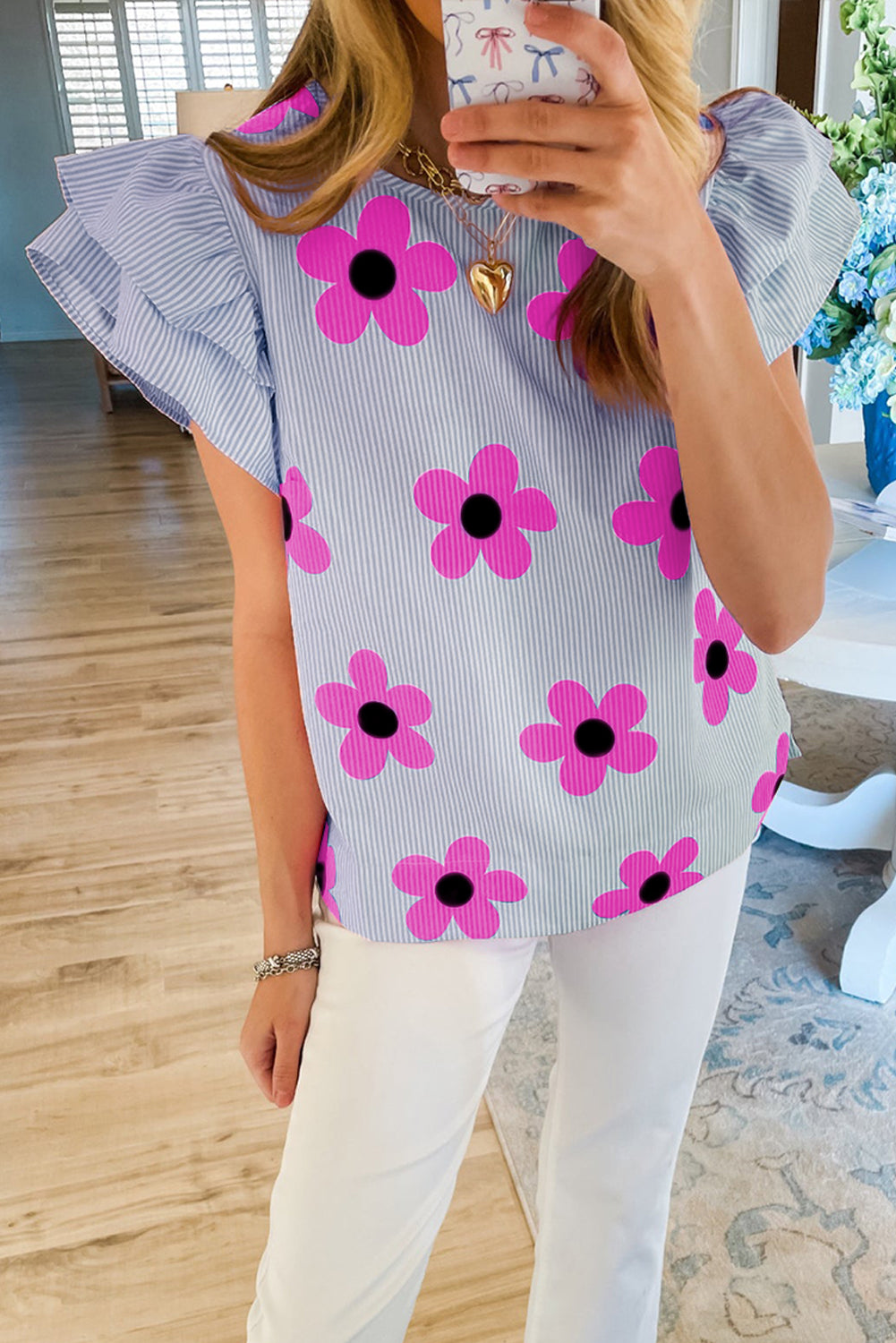Sky Blue Stripe Floral Print Ruffled Flutter Sleeve Blouse