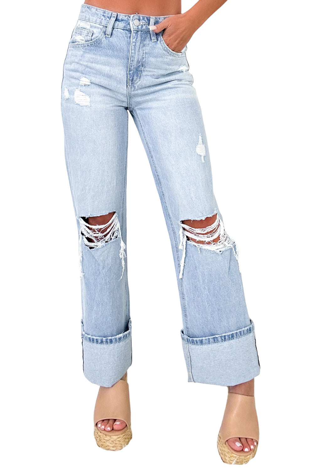 Beau Blue Light Wash Distressed Flare Jeans - Kustom Kreations Goods