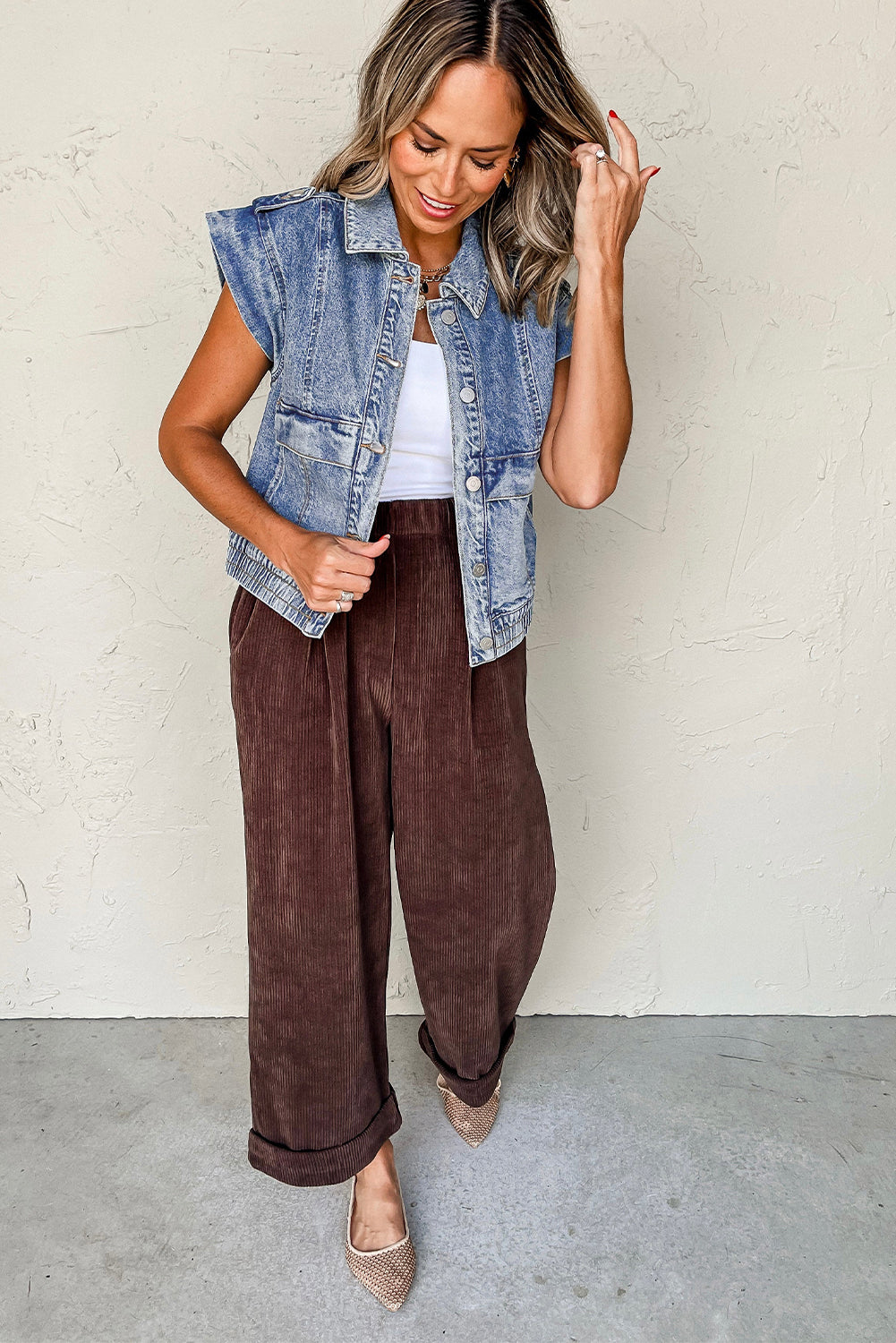 Ashleigh Blue Acid Wash Elastic Hem Button Up Denim Vest - Kustom Kreations Goods
