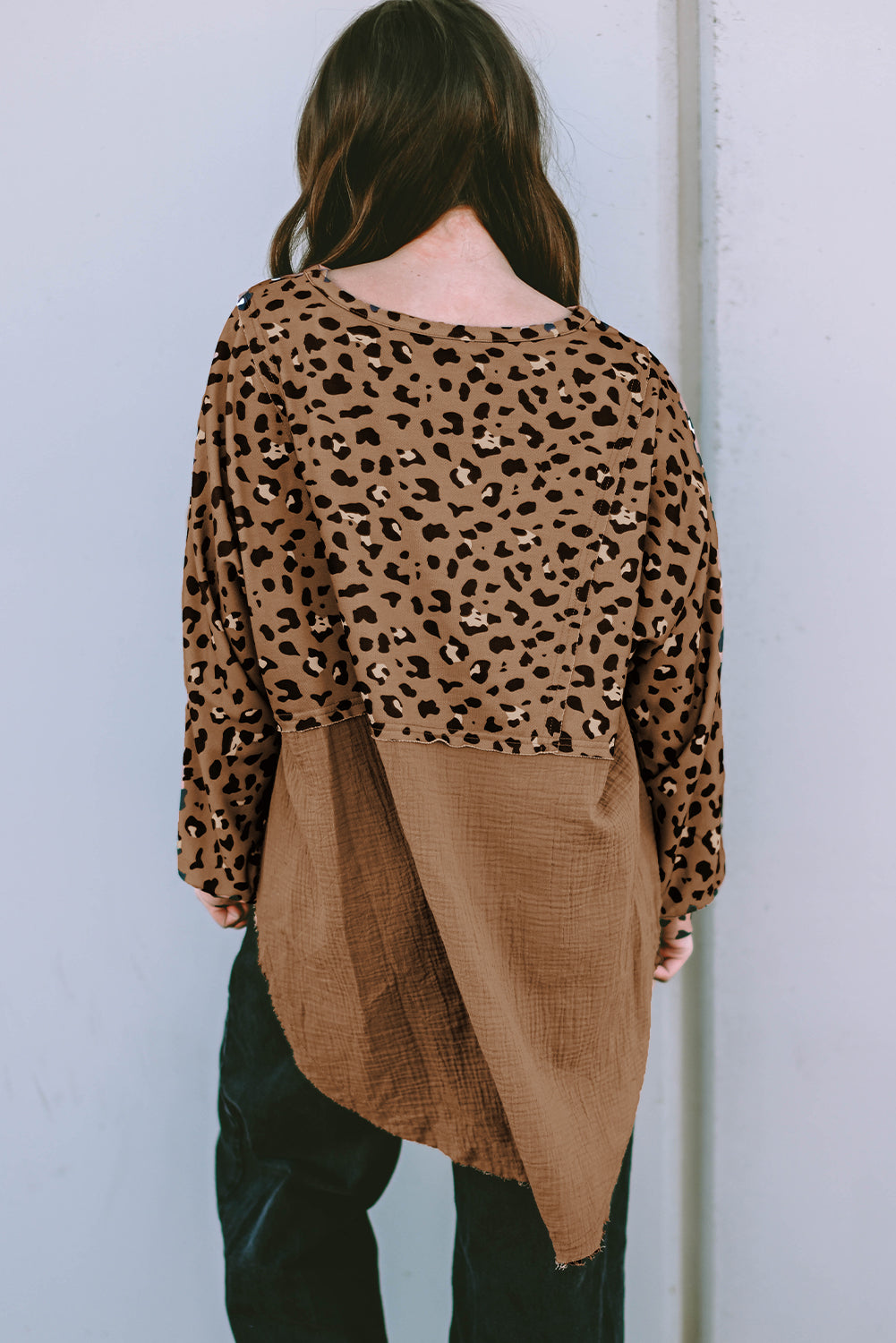 Pink Leopard Patchwork Raw Edge Oversized Top