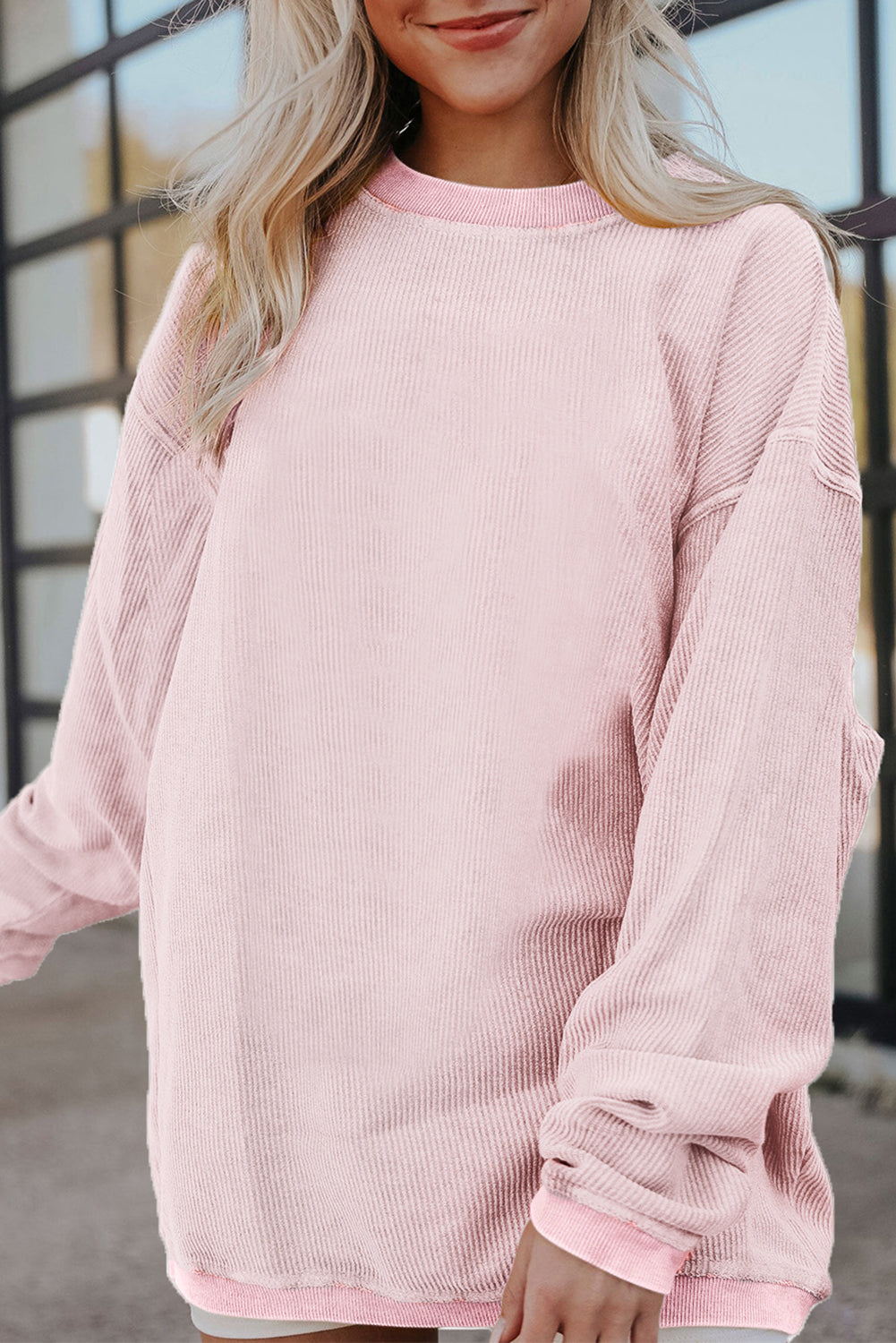 Red Plain Drop Sleeve Rib Knit Oversized Sweatshirt