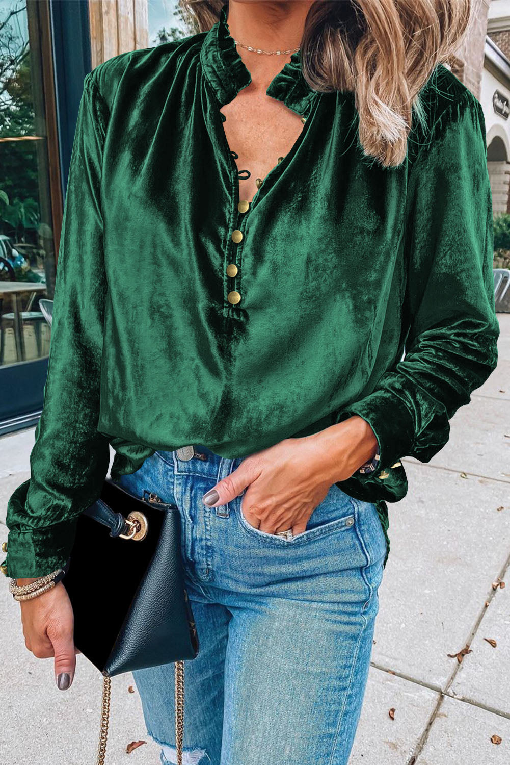 Black Frilled Neck Buttoned Front Velvet Top - Kustom Kreations Goods