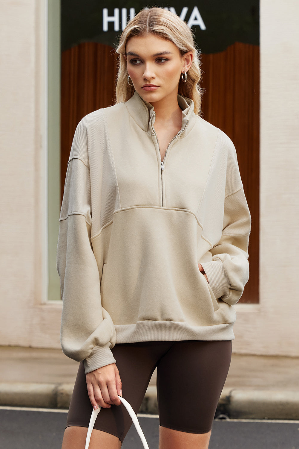 Black Half Zip Stand Collar Exposed Seam Solid Color Casual Sweatshirt - Kustom Kreations Goods
