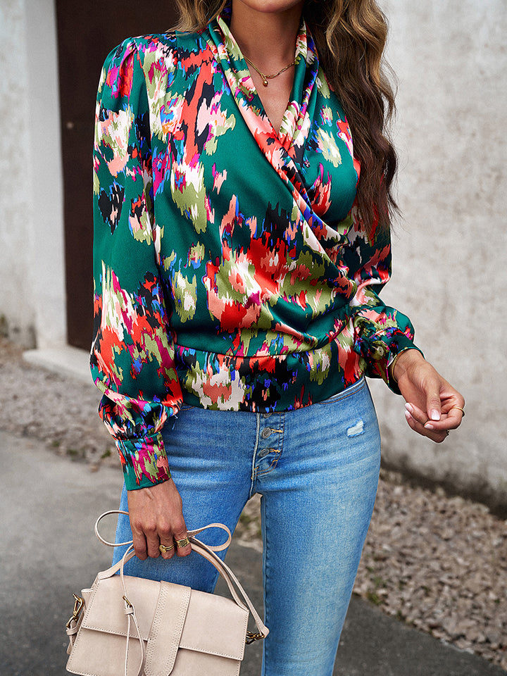 Printed Surplice Neck Long Sleeve Blouse