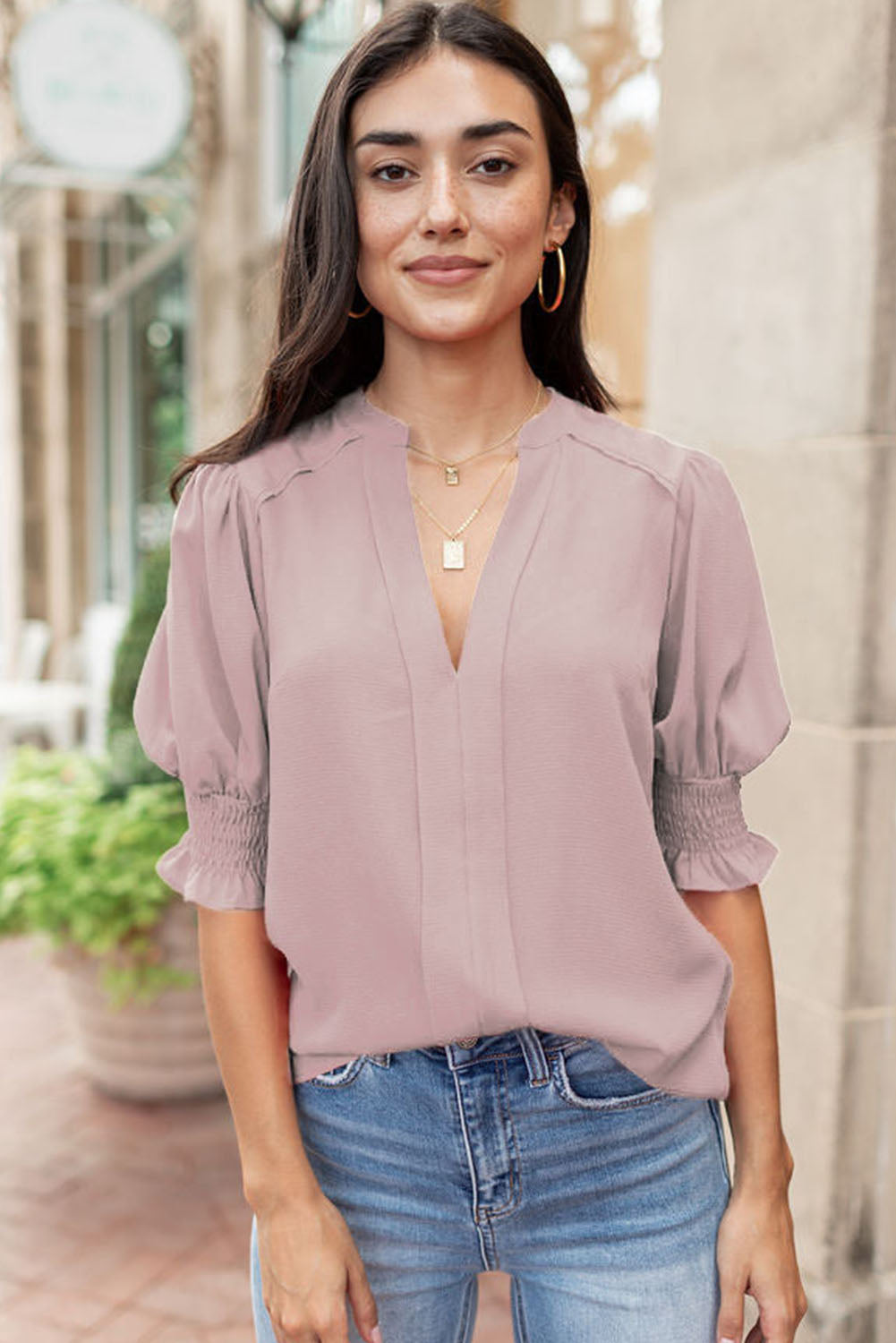 Apricot Solid Puffed Sleeve Shirred V Neck Blouse