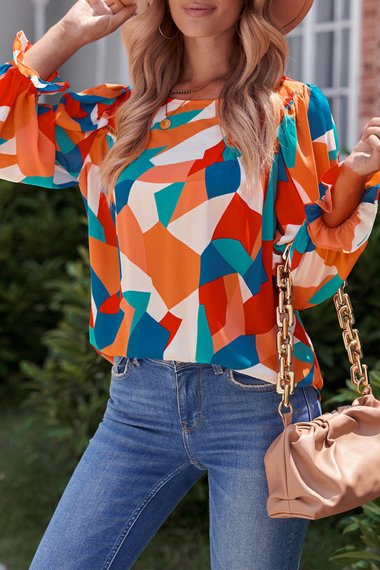 Multicolor Colorblock Casual Ruffle Puff Sleeve Blouse