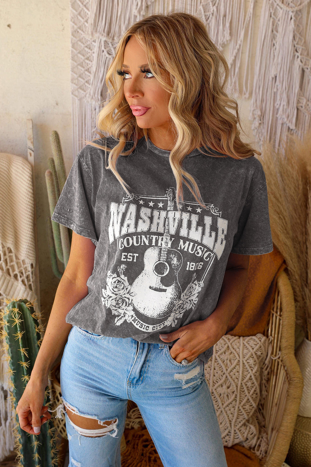 Gray Vintage Washed Nashville Rock Band T Shirt