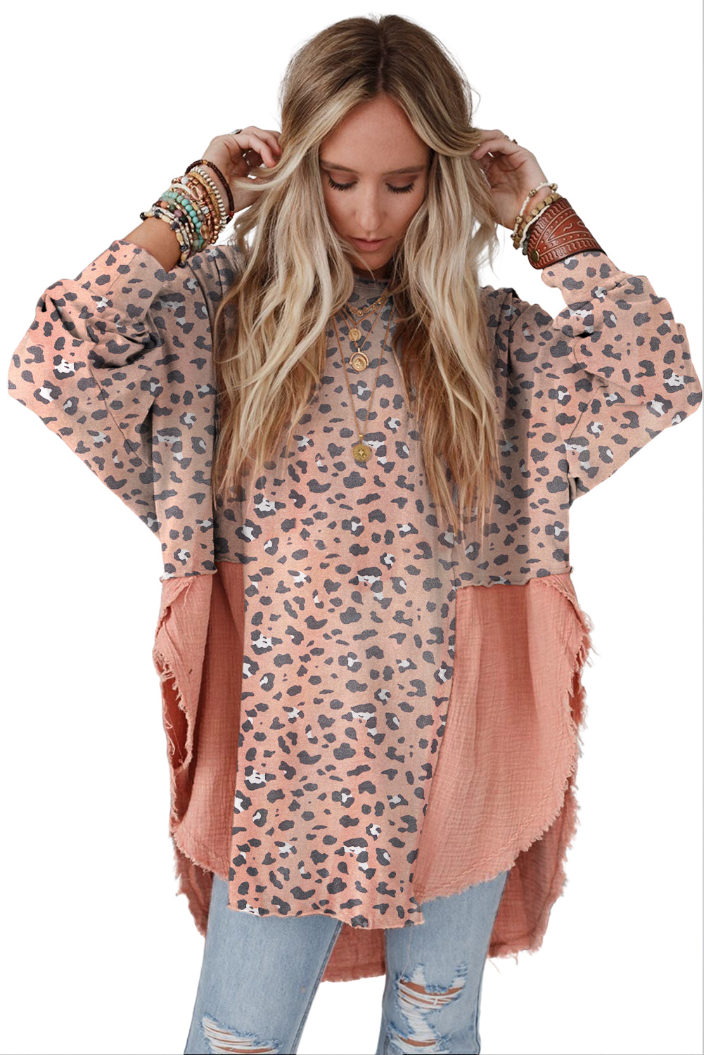 Pink Leopard Patchwork Raw Edge Oversized Top