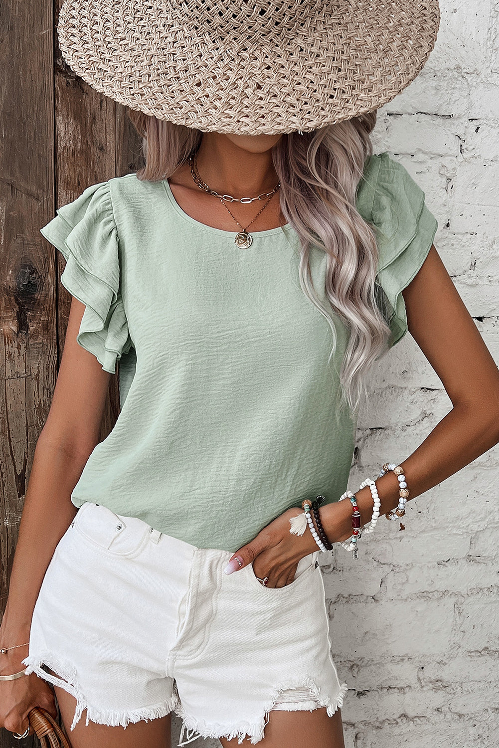 Mist Blue Solid Color Ruffle Sleeve Crinkled Blouse