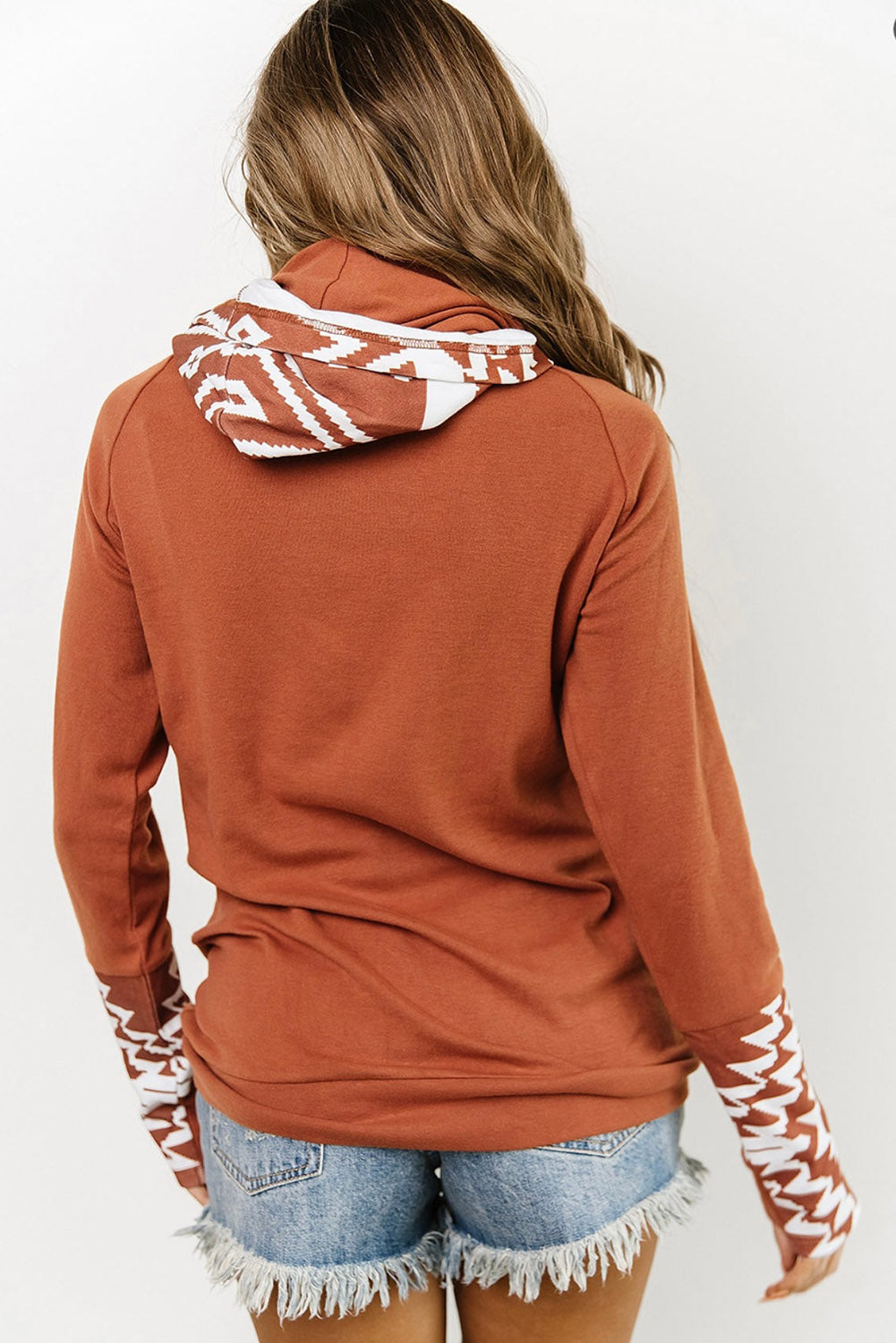 Brown Aztec Pattern Pullover Hoodie with Pockets