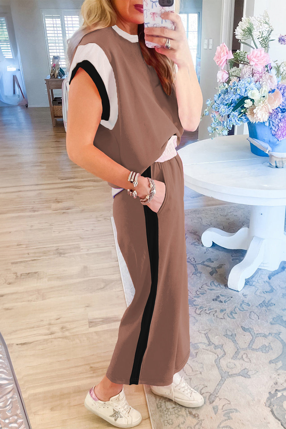 Chestnut Colorblock Cap Sleeve Tee and Wide Leg Pants Set