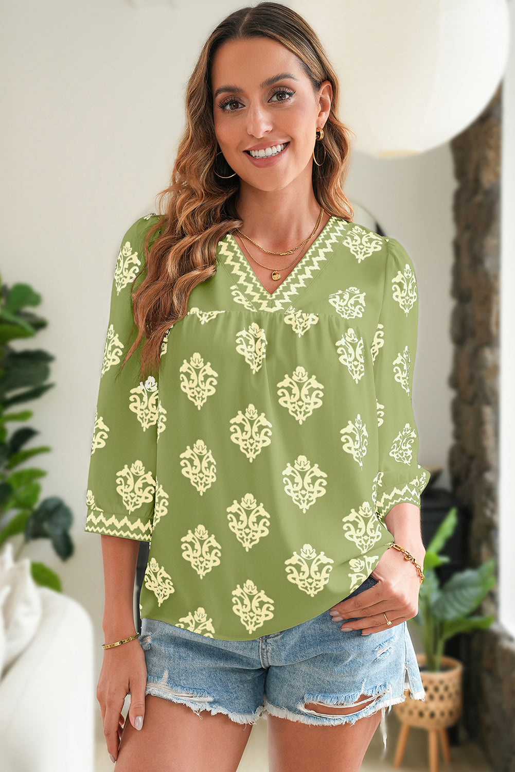Green Damask Floral Print Contrast V Neck 3/4 Sleeve Blouse - Kustom Kreations Goods