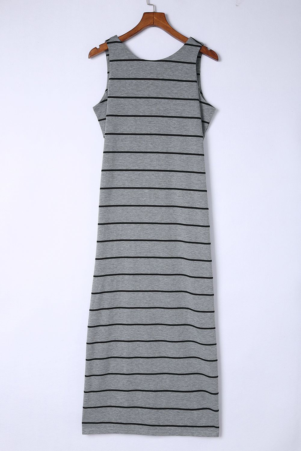 White Stripe Print Open Back Sleeveless Maxi Dress With Slits