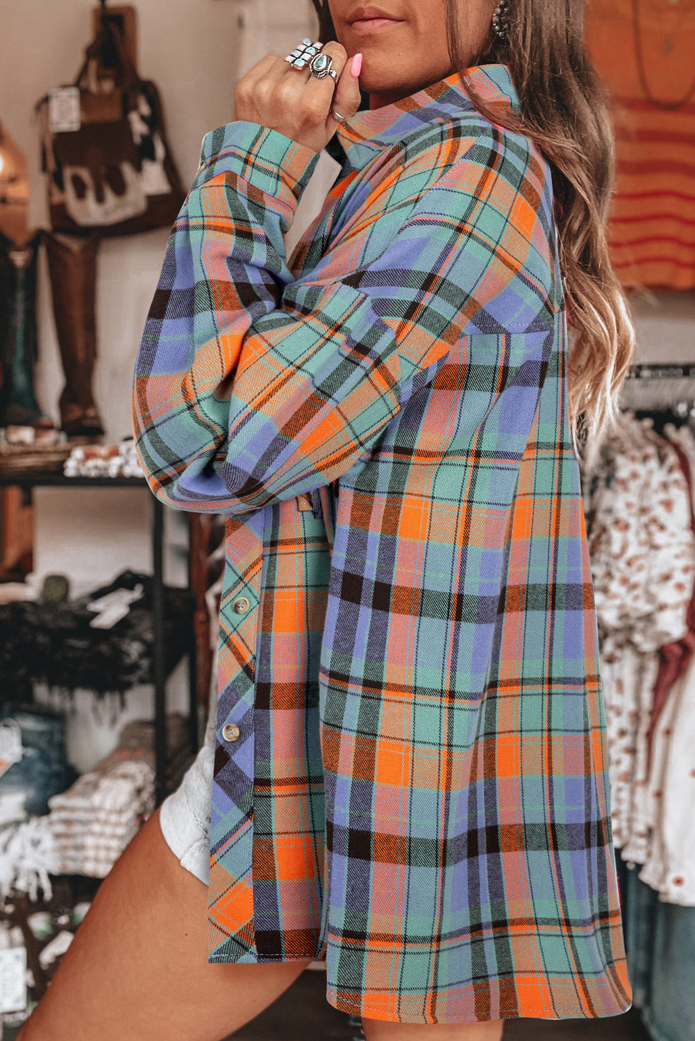 Red Plaid Print Drop Sleeve Loose Shirt Shacket