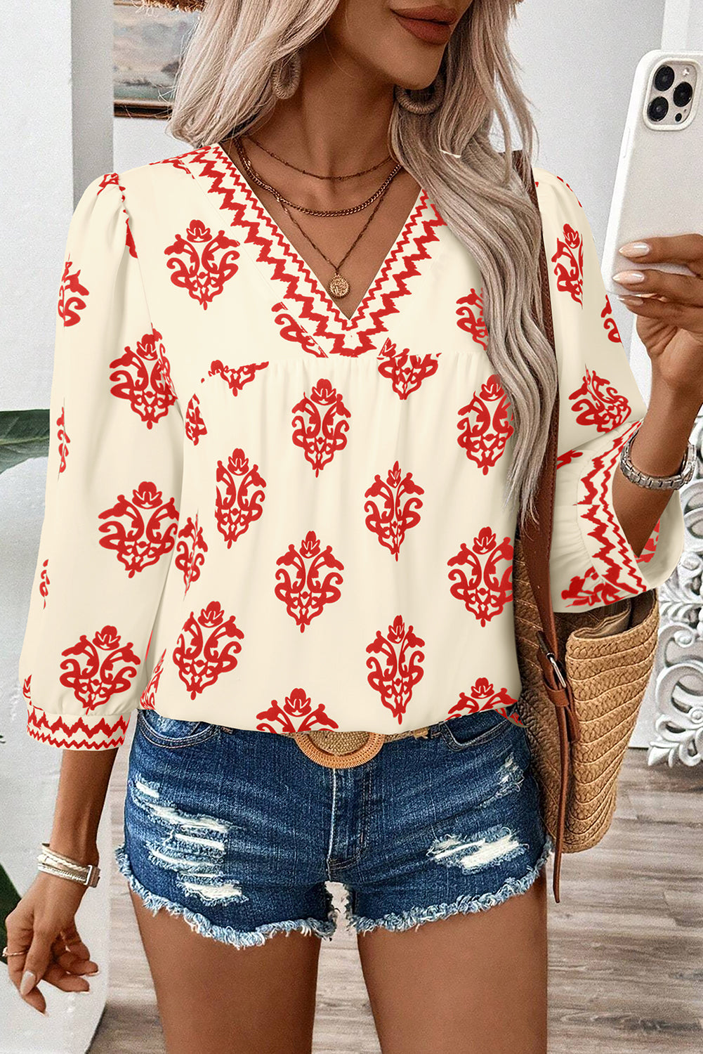 Green Damask Floral Print Contrast V Neck 3/4 Sleeve Blouse - Kustom Kreations Goods
