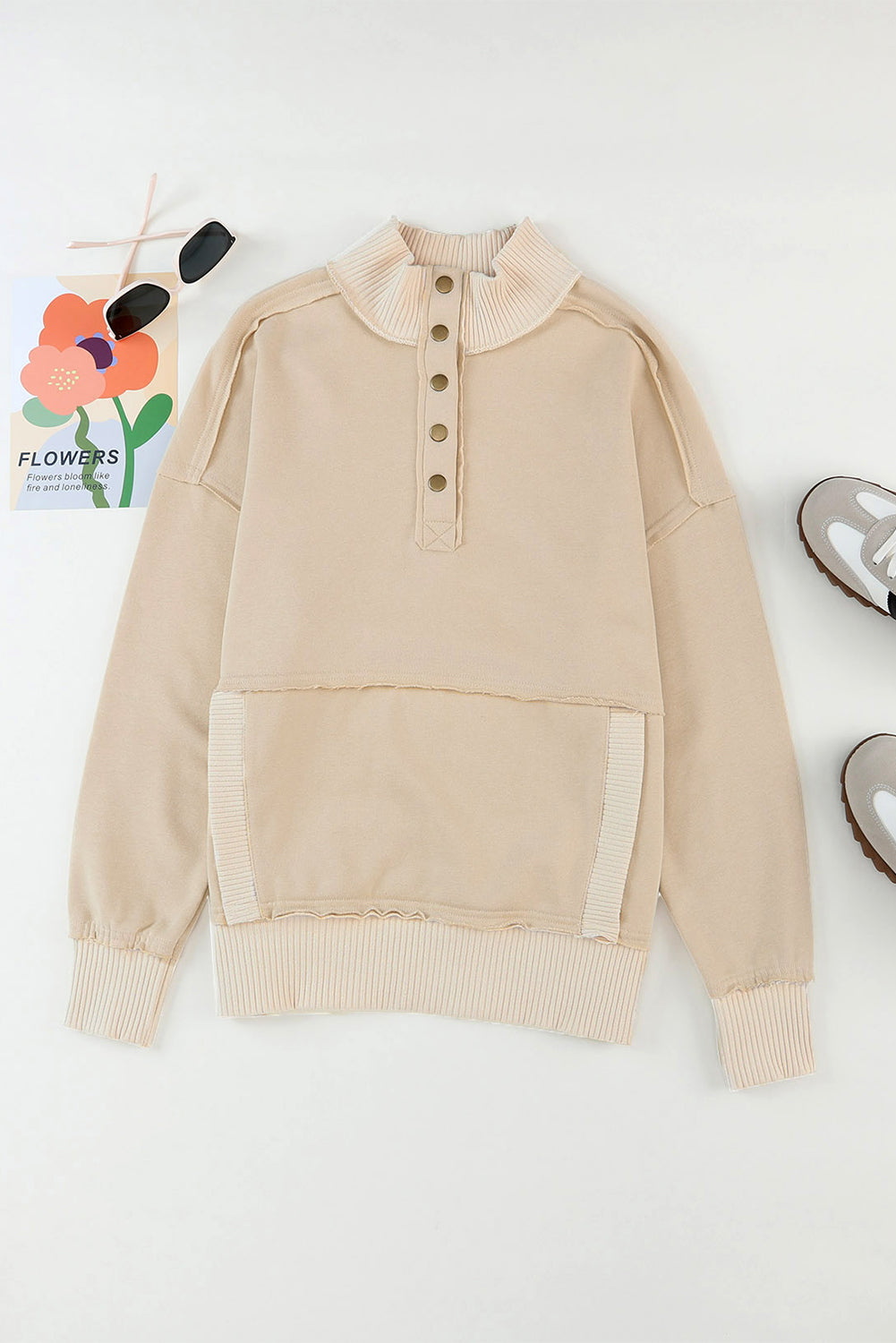 Gray Ribbed Trim Snap Button Collar Kangaroo Pocket Sweatshirt