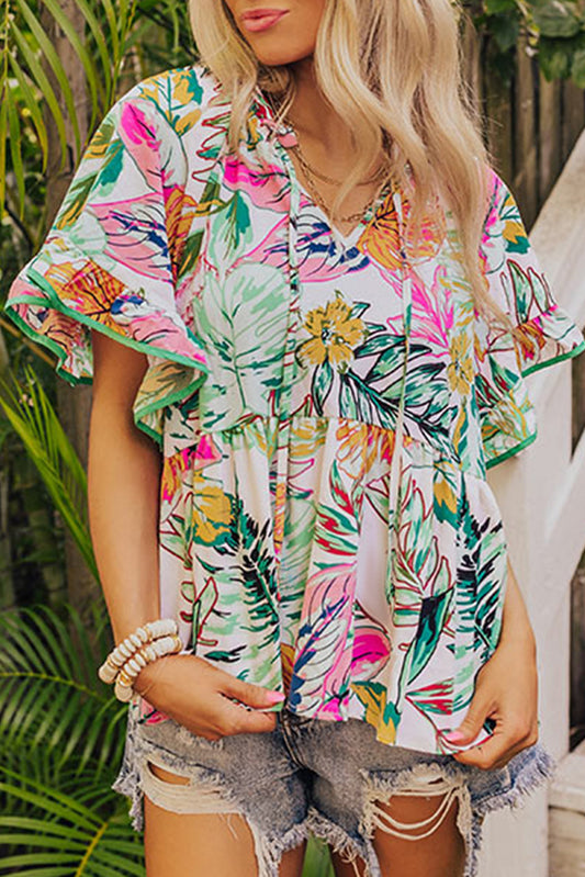 White Tropical Plant Print Tie Neck Ruffle Blouse